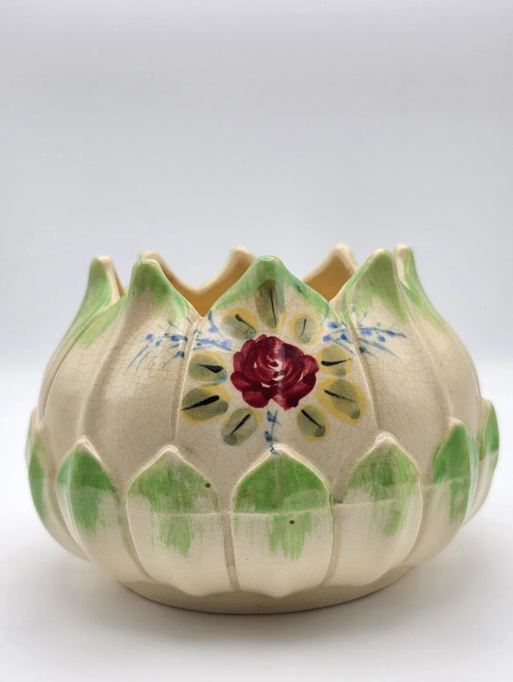Vintage Mid-Century Japanese Majolica-Style Ceramic Lotus Flower Planter